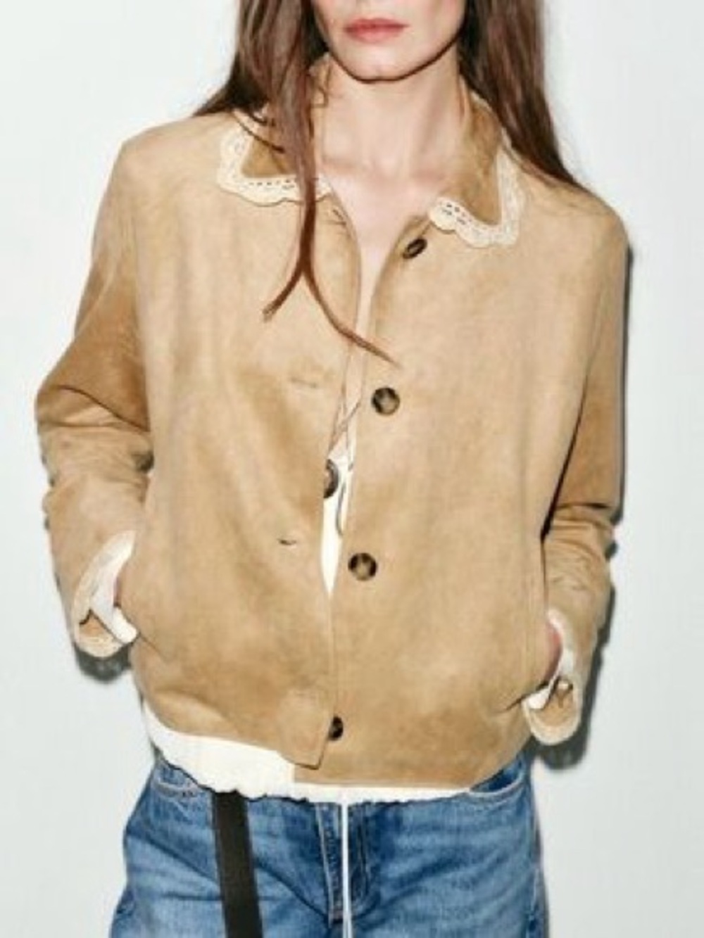 Zara Women's Faux Suede Button Jacket in Tan